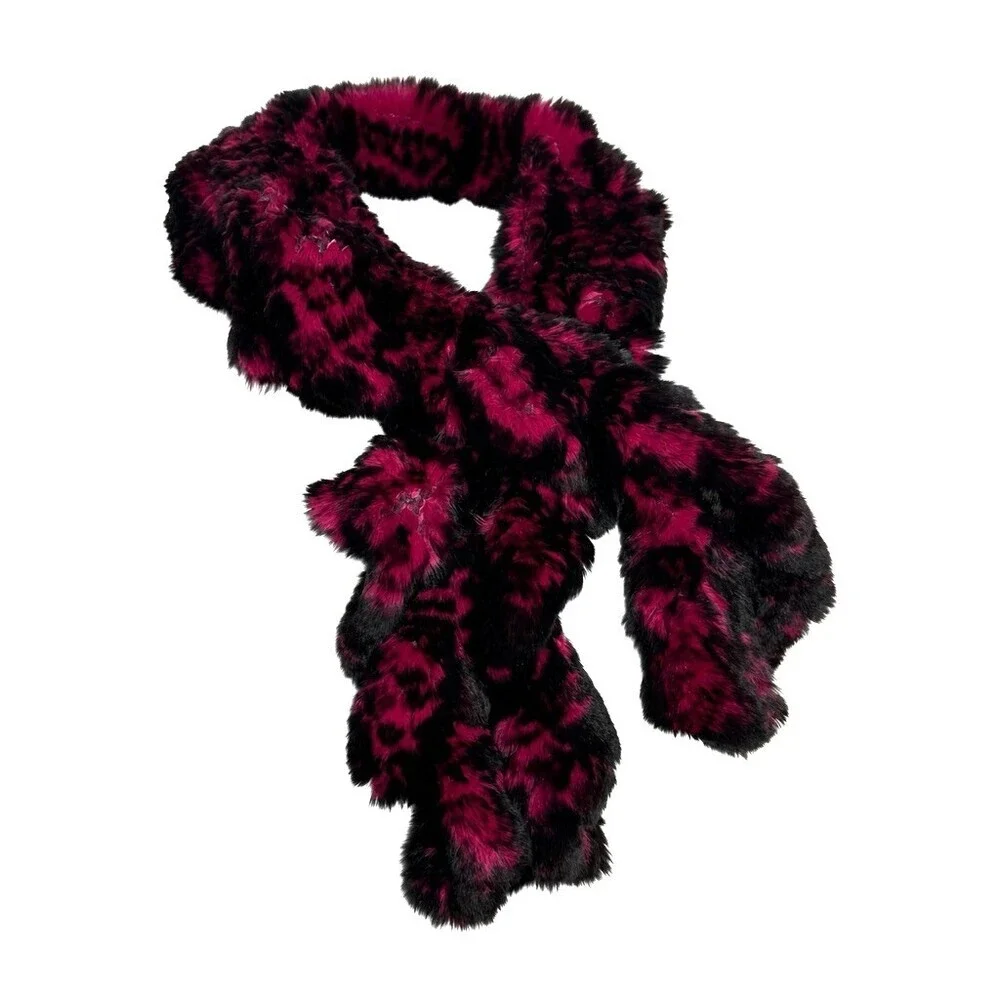 Linda Matthews real rabbit fur ruffle scarf pull through style fuchsia & Black